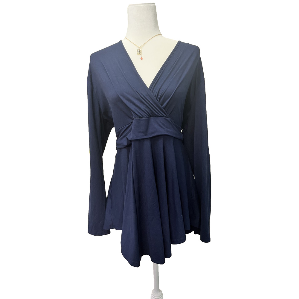Women's Allegrace Size 3X Plus Size Daek Blue V Neck Long Sleeve Blouse